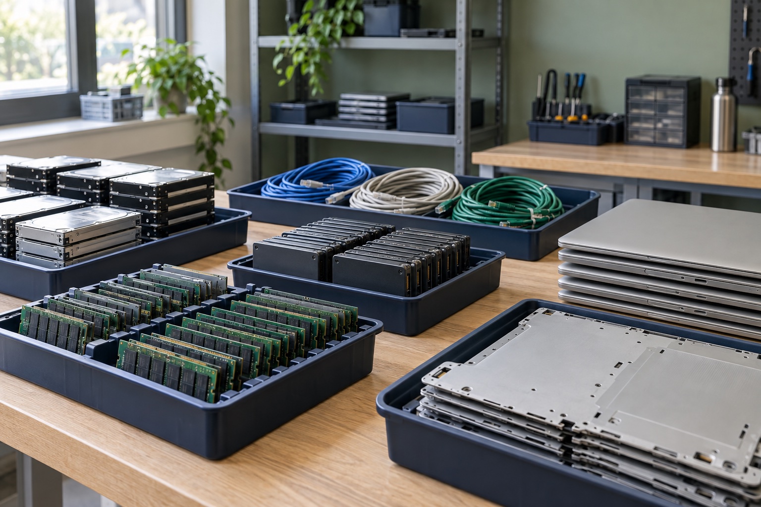 AI illustration of IT components sorted into trays for reuse or recycling