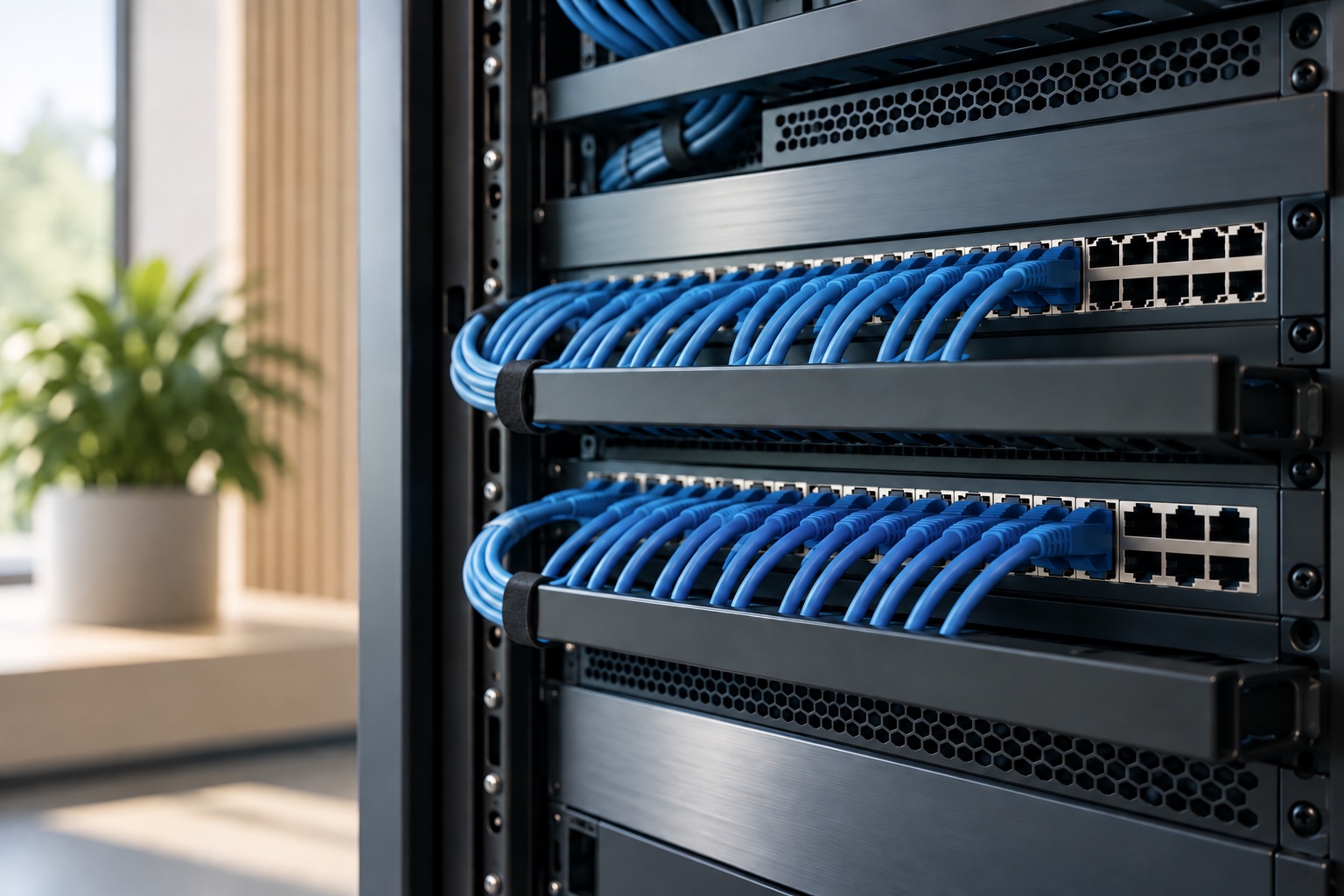 AI illustration of neatly routed blue cabling and network equipment; no measured energy savings implied